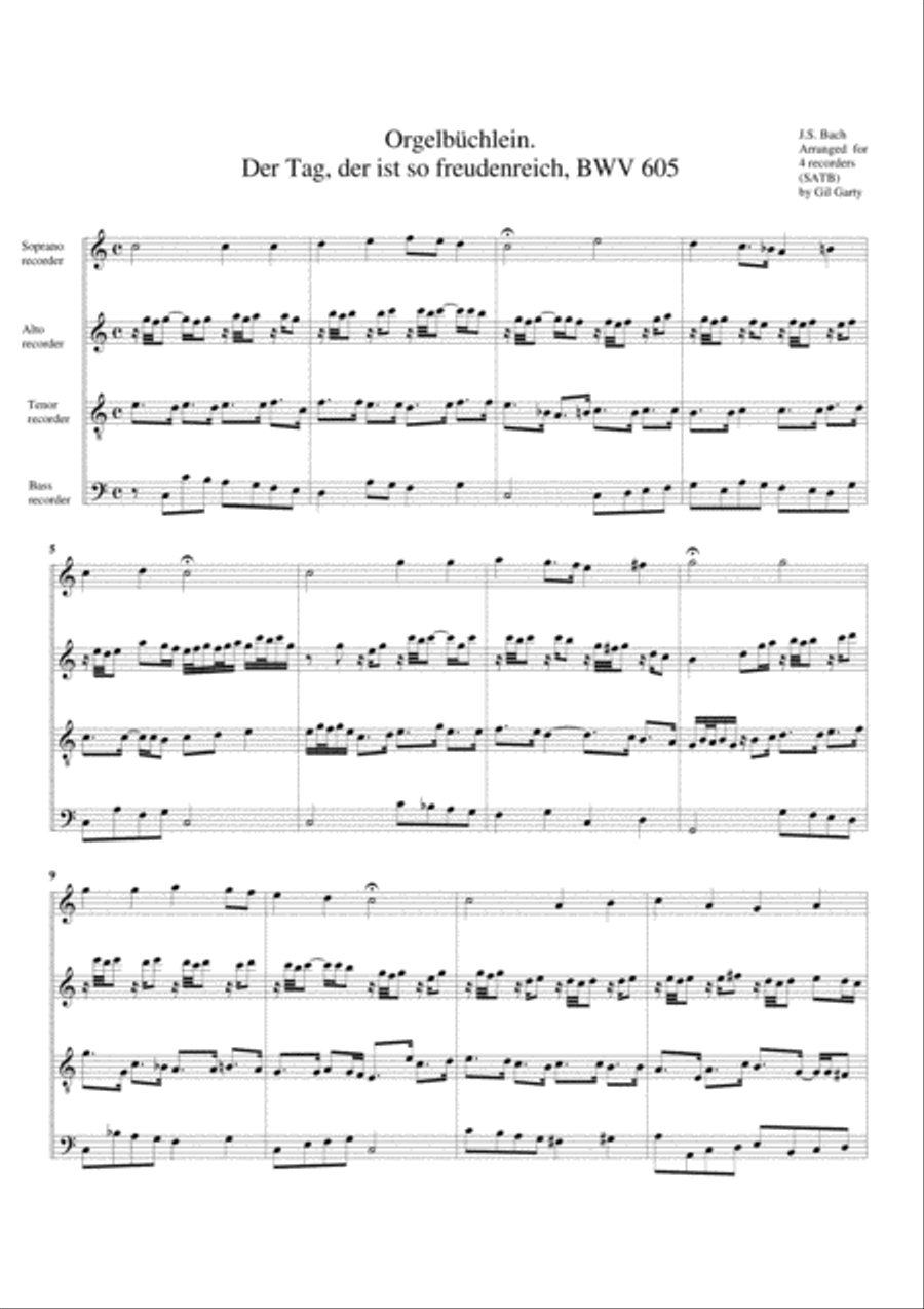 Der Tag, der ist so freudenreich, BWV 605 from Orgelbuechlein (arrangement for 4 recorders) Recorder scores gallery preview page 1