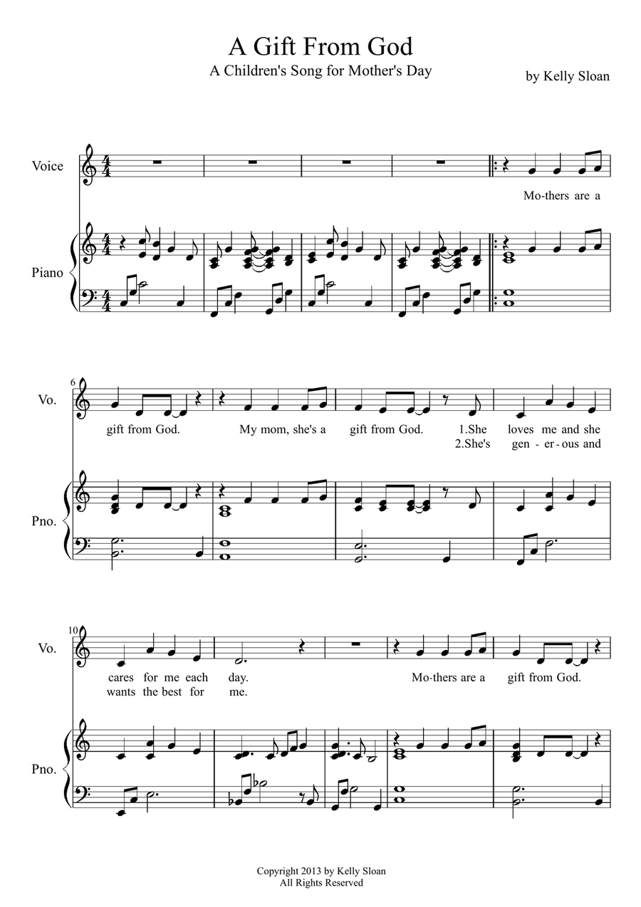 A Gift From God - A Children's Song for Mother's Day Piano, Vocal scores gallery preview page 1