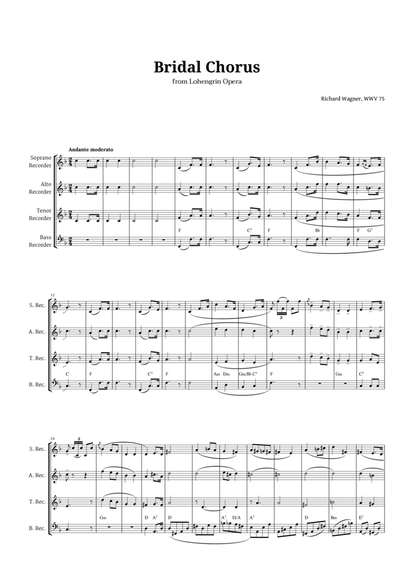 Bridal Chorus by Wagner for Recorder Quartet with Chords image number null