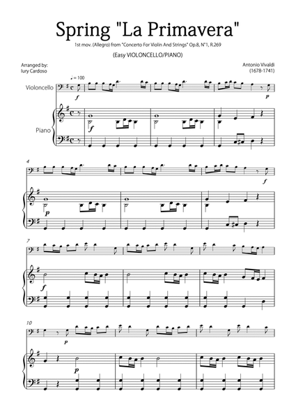 "Spring" (La Primavera) by Vivaldi - Easy version for CELLO & PIANO image number null