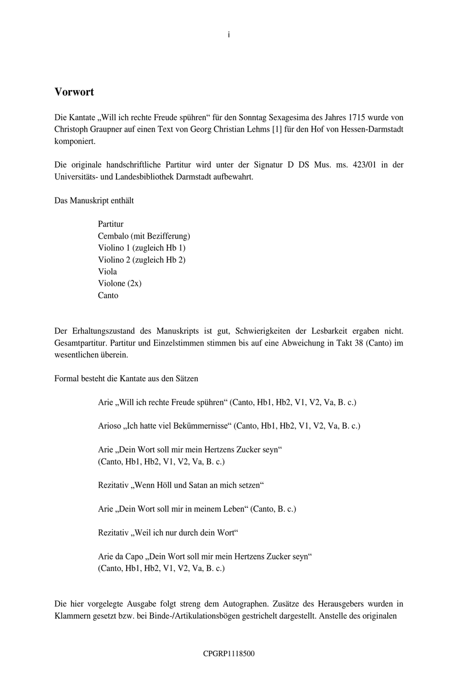 Graupner Christoph Cantata Will ich rechte Freude spühren GWV 1118/15 Small Ensemble scores gallery preview page 3
