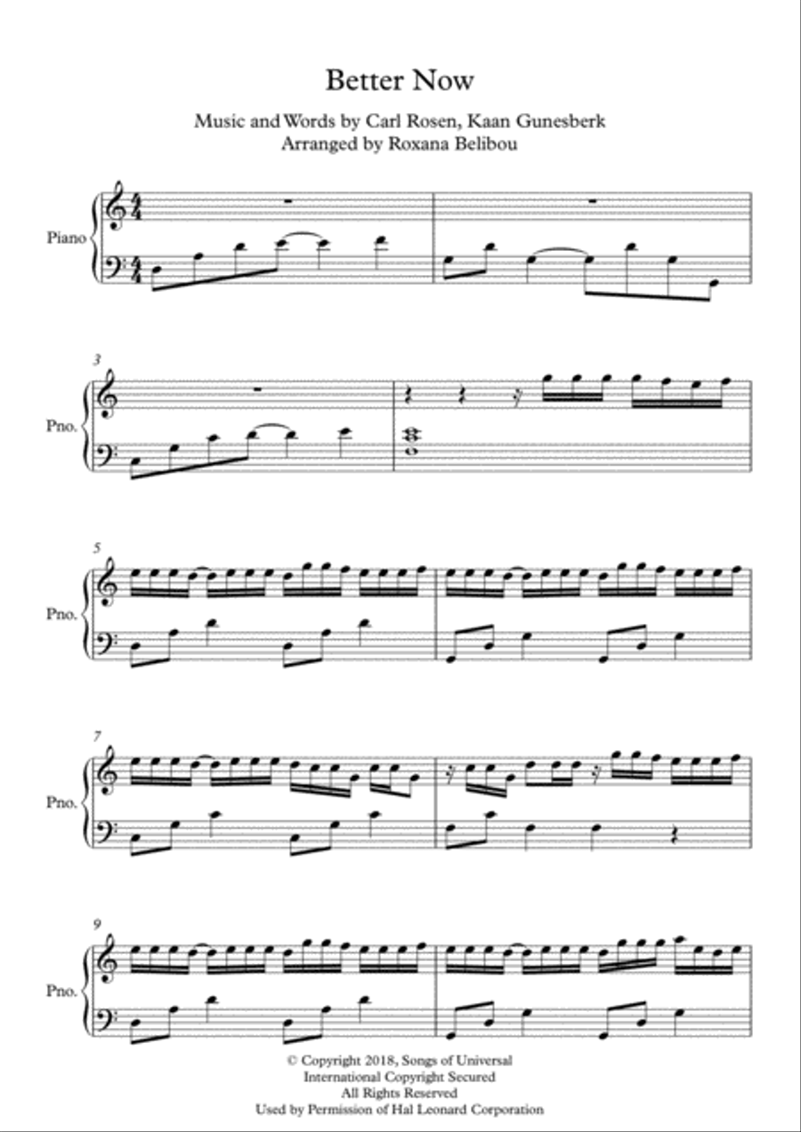 Better Now Piano Solo scores gallery preview page 1