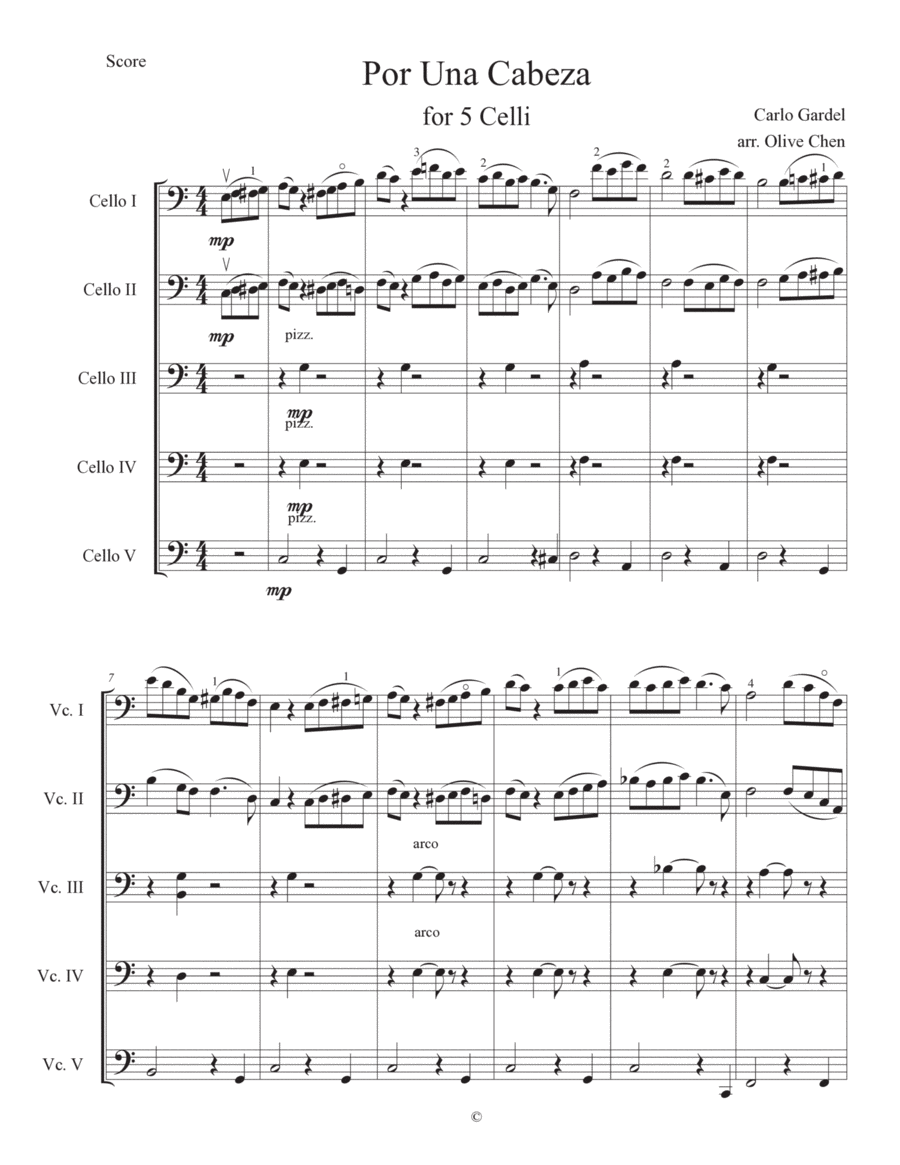 Por Una Cabeza for 5 celli or cello choir Chamber Music scores gallery preview page 1