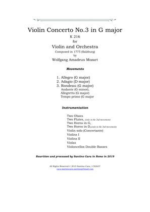 Book cover for Mozart - Violin Concerto No.3 in G major K 216 for Violin, and Orchestra - Score and Parts
