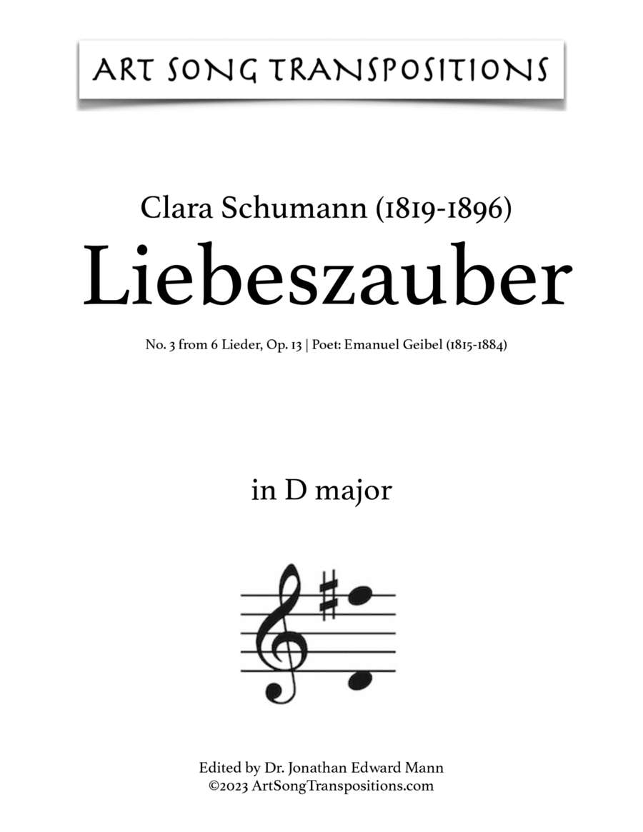 CLARA SCHUMANN: Liebeszauber, Op. 13 no. 3 (transposed to D major) Voice scores gallery preview page 1