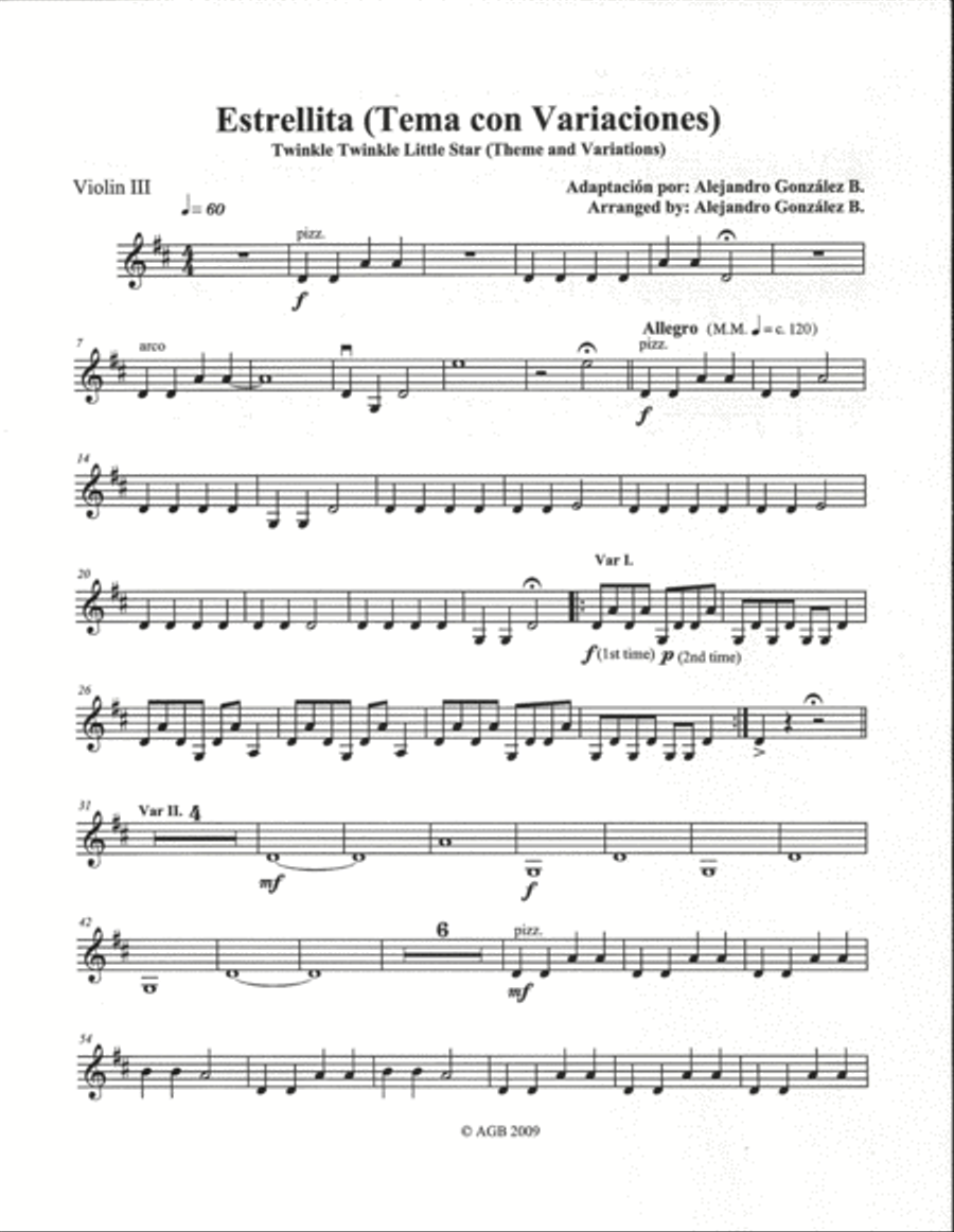 Twinkle Twinkle Little Star (Theme and Variations) For String Orchestra - Set of Individual Parts