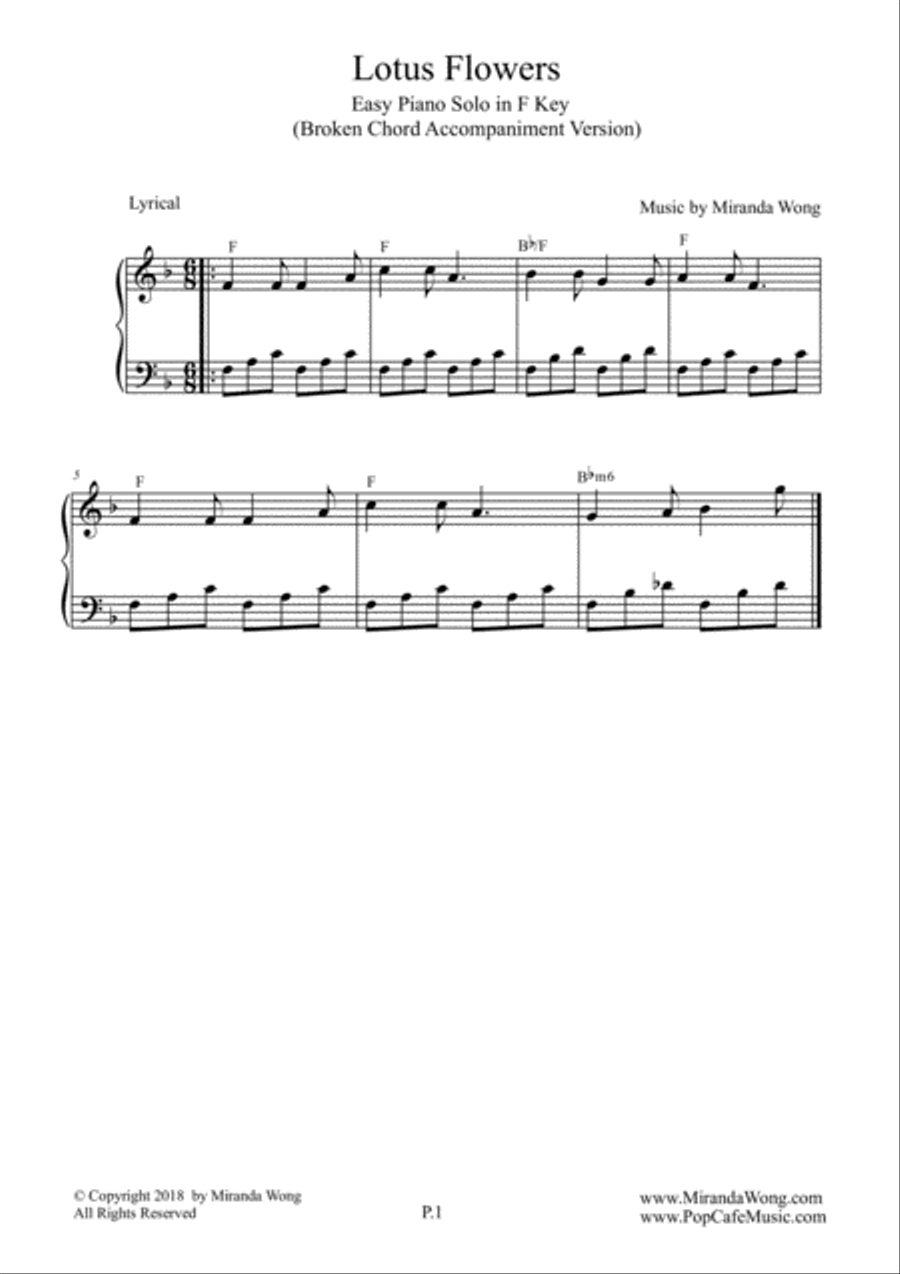 Lotus Flowers - Easy Piano Solo in F Key (Broken Chords) Piano Method scores gallery preview page 1