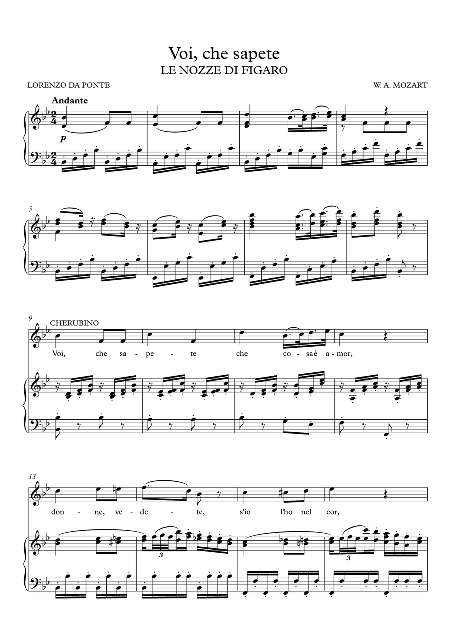 Voi che sapete - Le nozze di Figaro (Bb Major) Voi che sapete - Le nozze di Figaro (Bb Major) Piano, Vocal scores gallery preview page 2