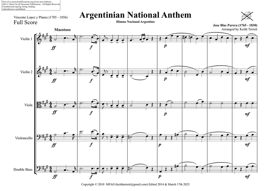 Argentinian National Anthem for String Orchestra (World National Anthem Series) String Quartet scores gallery preview page 2