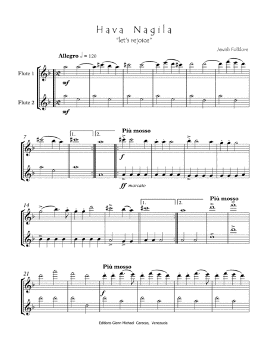 Hava Nagila for two flutes Flute Duet scores gallery preview page 1