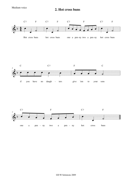 Hot cross buns arranged for high voice, medium voice or low voice with guitar chord accompaniments