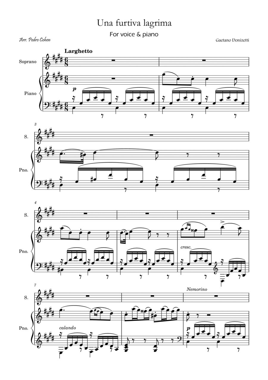 Una Furtiva Lagrima (Soprano in C#m) Piano, Vocal, Guitar scores gallery preview page 1