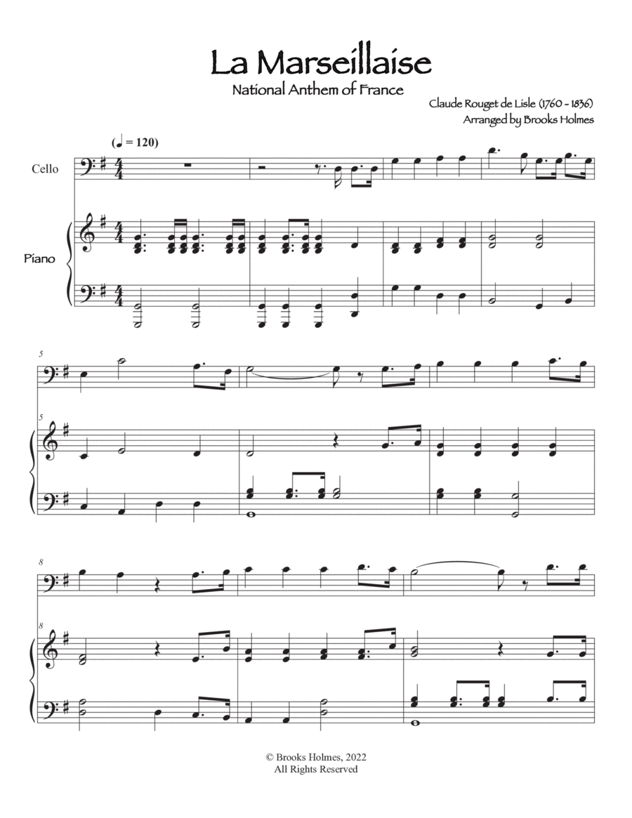 French National Anthem (La Marseillaise) Cello & Piano Piano scores gallery preview page 1