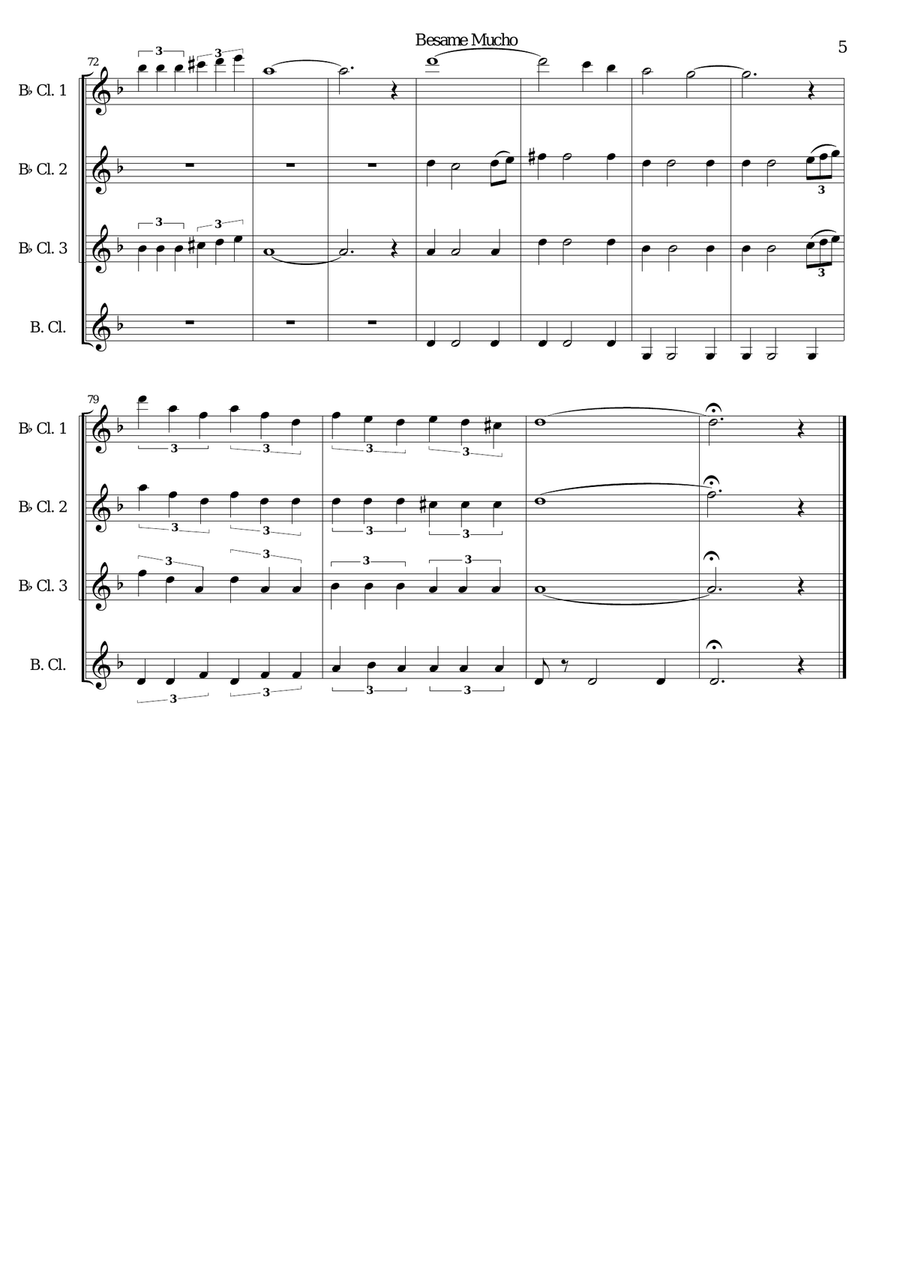 Besame Mucho (Kiss Me Much) Clarinet Quartet scores gallery preview page 5