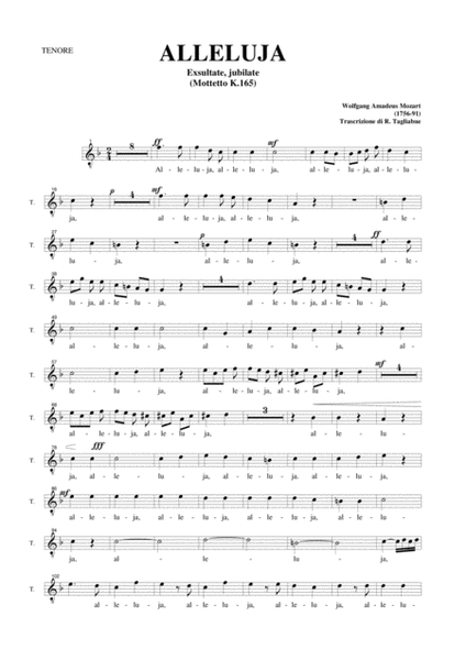 ALLELUJA (Exsultate, jubilate K.165) W.A.Mozart - Arr. for SATB Choir and Organ - Part for TENOR image number null