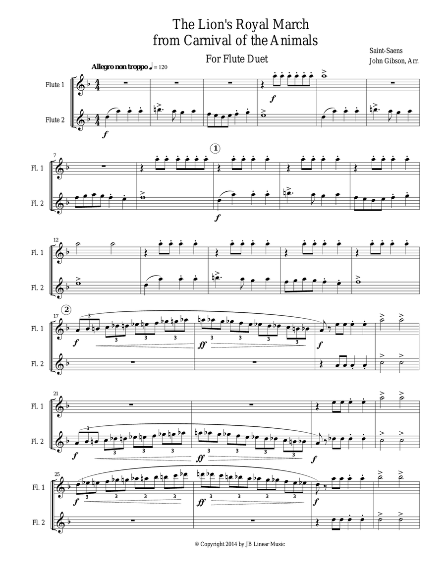 The Lion's Royal March from Carnival of the Animals by Saint-Saens for flute duet Flute Duet scores gallery preview page 2