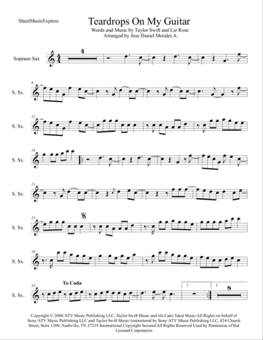 Teardrops On My Guitar Soprano Saxophone scores gallery preview page 1