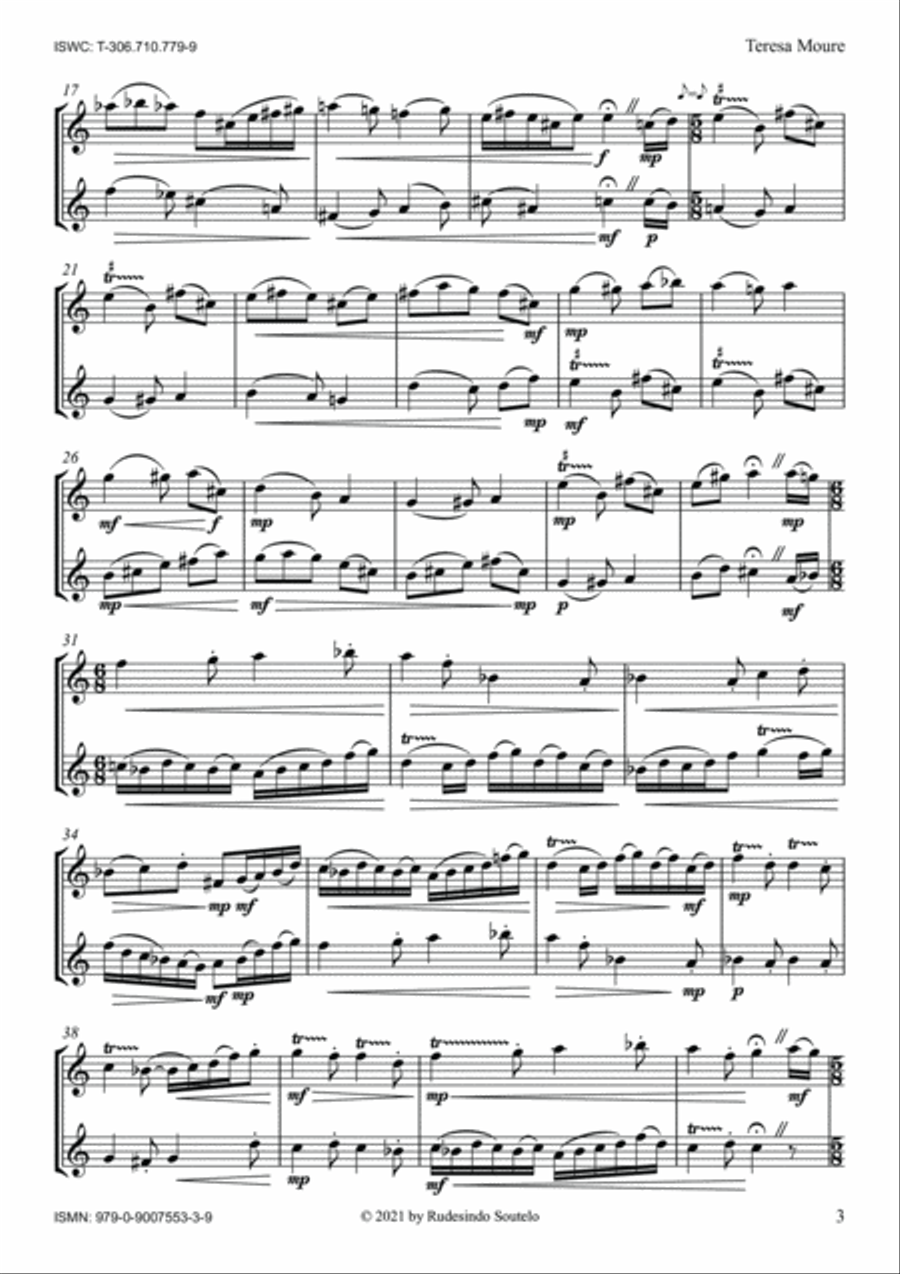 Teresa Moure (Flute and/or Violin Duo) Woodwind Ensemble scores gallery preview page 3