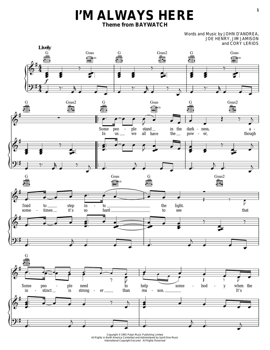 I'm Always Here (theme from Baywatch) Piano, Vocal, Guitar scores gallery preview page 1