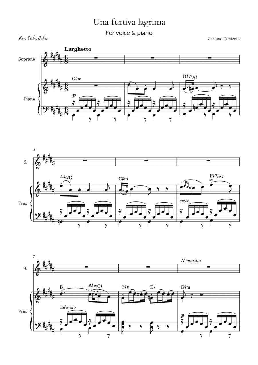 Una Furtiva Lagrima (Soprano in G#m) Piano, Vocal, Guitar scores gallery preview page 1