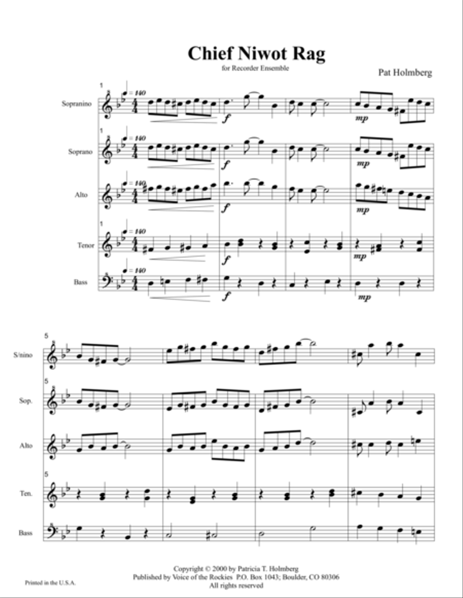 Chief Niwot Rag for Recorder Ensemble Soprano Recorder scores gallery preview page 1