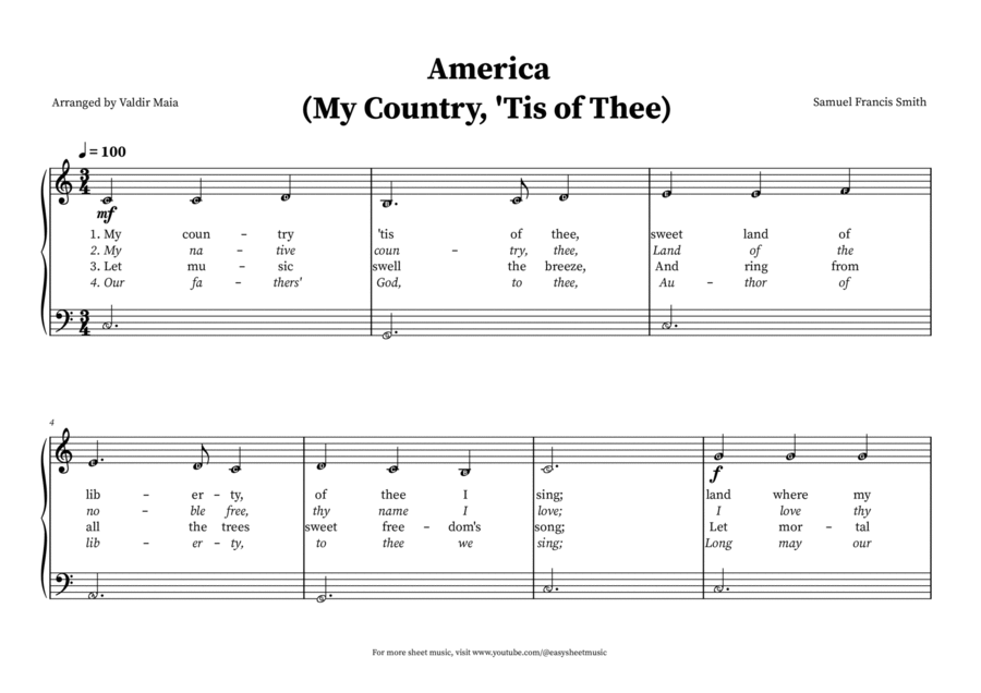America (My Country, 'Tis of Thee) - Easy Beginner Piano (note names and lyrics) Easy Piano scores gallery preview page 1