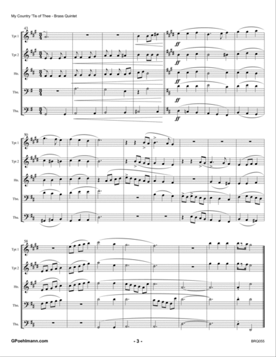 MY COUNTRY TIS OF THEE - BRASS QUINTET (or Sextet) - unaccompanied Brass Quintet scores gallery preview page 3