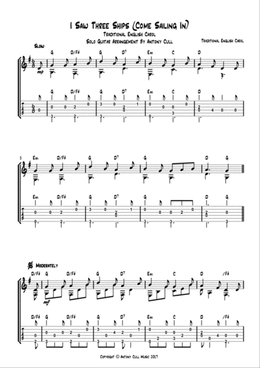 I Saw Three Ships (Come Sailing In)(Solo Guitar with TAB) Guitar Tablature scores gallery preview page 1