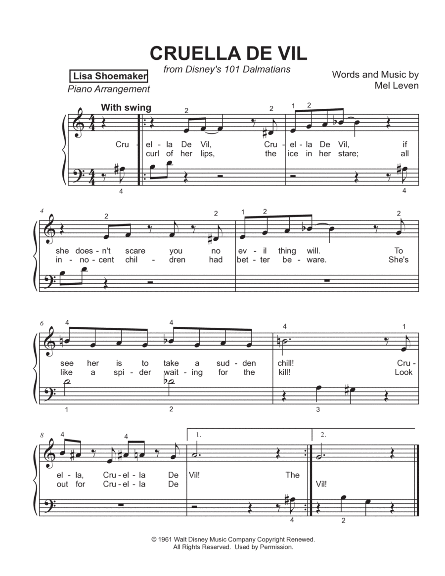 Cruella De Vil Easy Piano scores gallery preview page 1