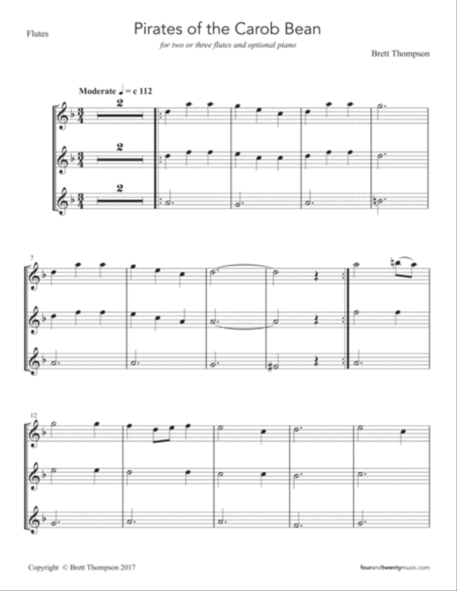 Pirates of the Carob Bean, for two or three flutes and optional piano Small Ensemble scores gallery preview page 4