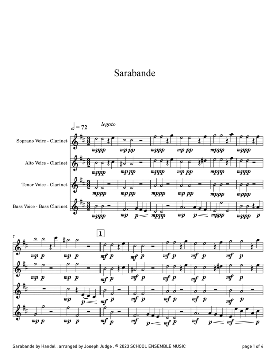 Sarabande by Handel for Clarinet Quartet in Schools Clarinet Quartet scores gallery preview page 1