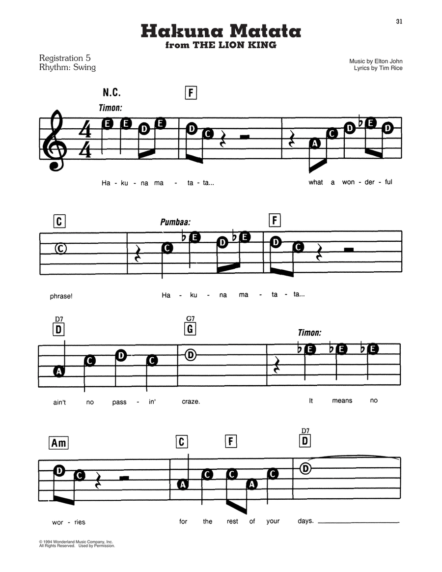Hakuna Matata (from The Lion King) Electronic Keyboard scores gallery preview page 1