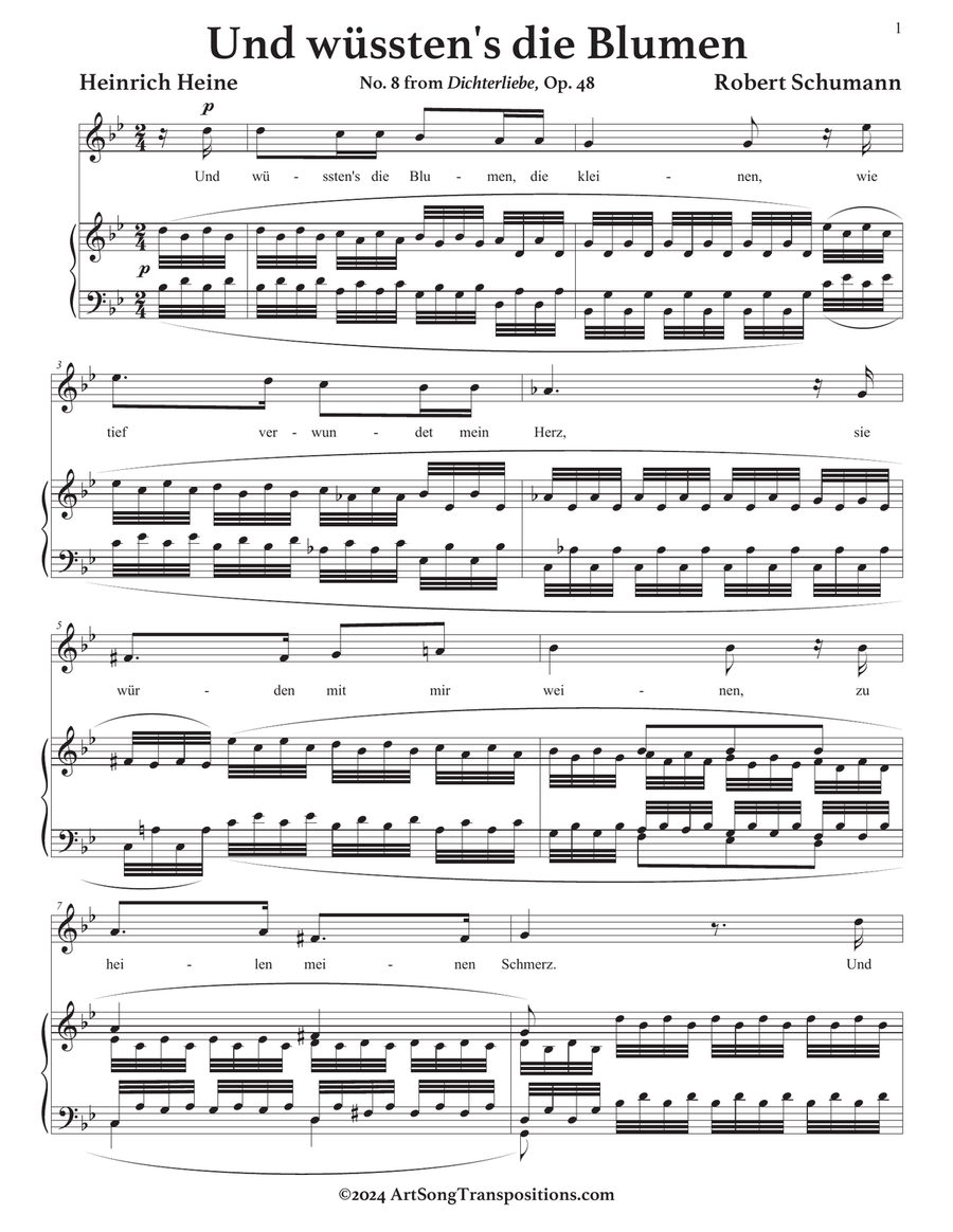 SCHUMANN: Und wüssten's die Blumen, die kleinen, Op. 48 no. 8 (transposed to G minor) Piano, Vocal scores gallery preview page 2