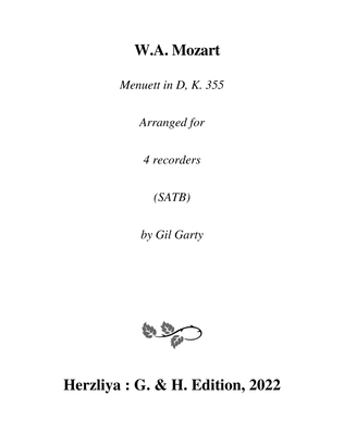 Book cover for Menuett in D K. 355 (arrangement for 4 recorders)