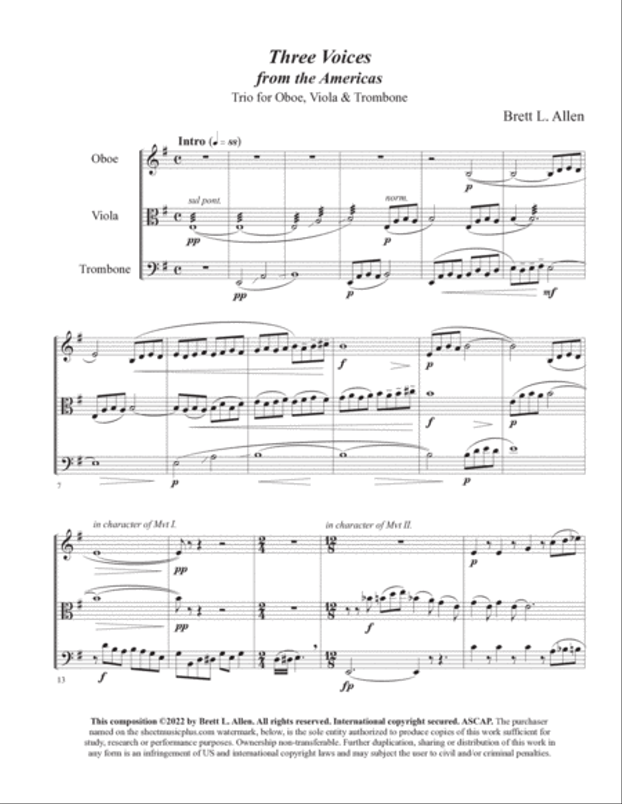Three Voices from the Americas, Trio for Oboe, Viola & Trombone Trombone Trio scores gallery preview page 3