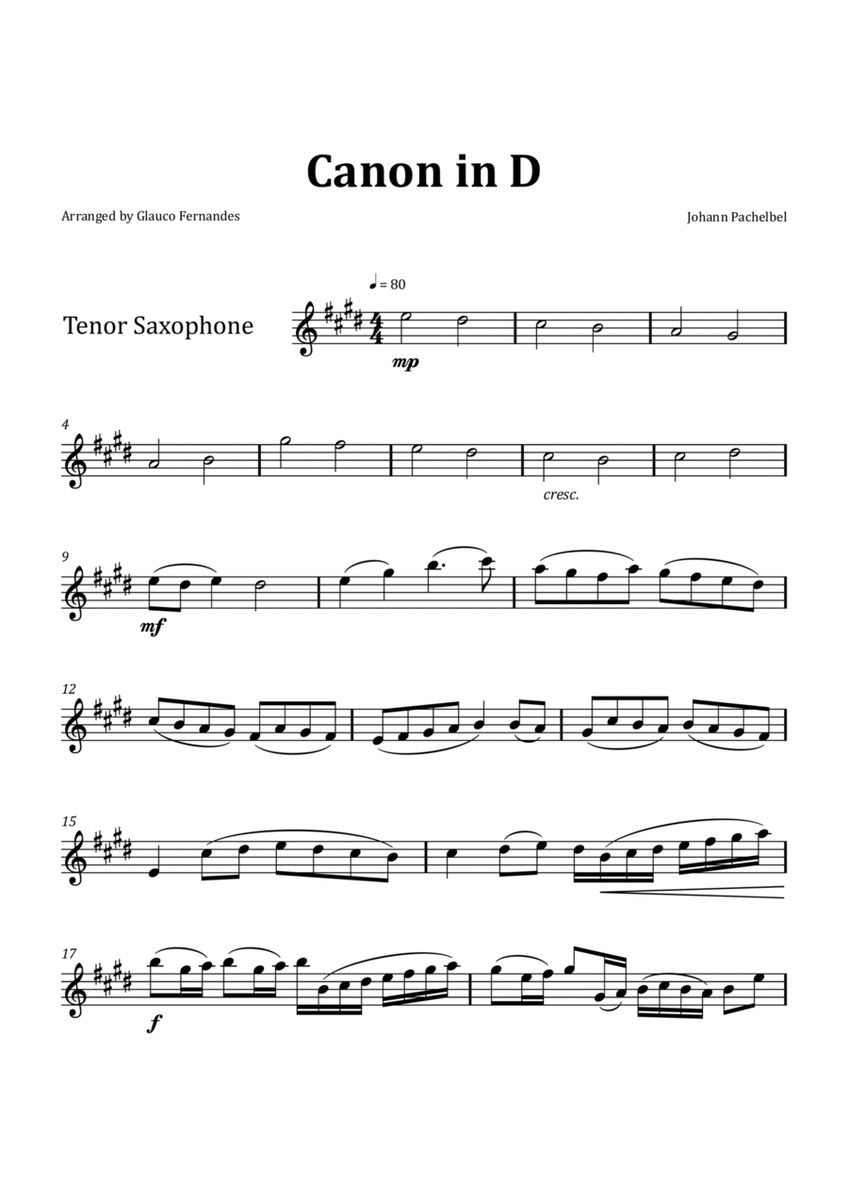 Canon by Pachelbel - Tenor Saxophone Solo image number null