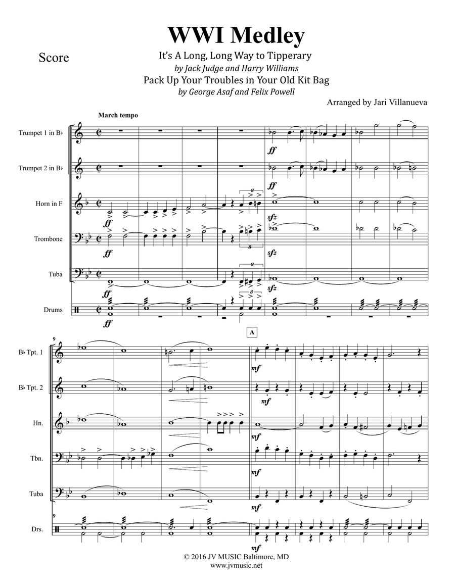 World War I Medley for Brass Quintet-Long, Long Way to Tipperary and Pack Up Your Troubles Brass Quintet scores gallery preview page 3