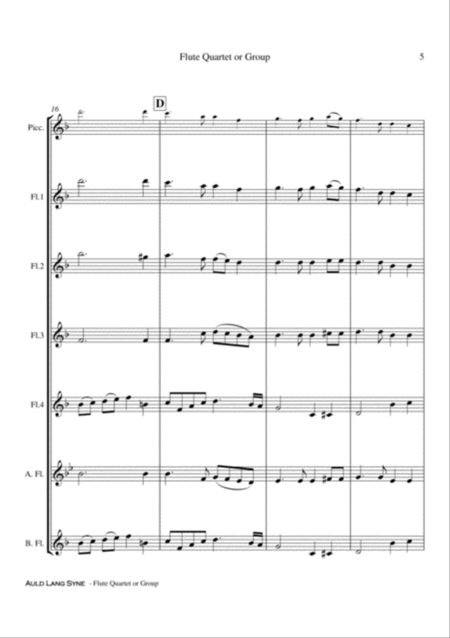 Auld Lang Syne - Flute Quartet or Group Score and Parts PDF Flute Quartet scores gallery preview page 6