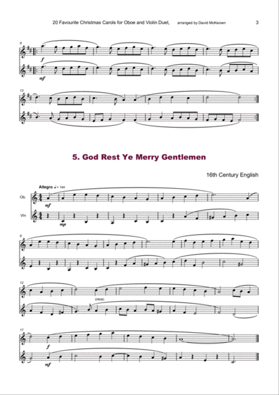 20 Favourite Christmas Carols for Oboe and Violin Duet