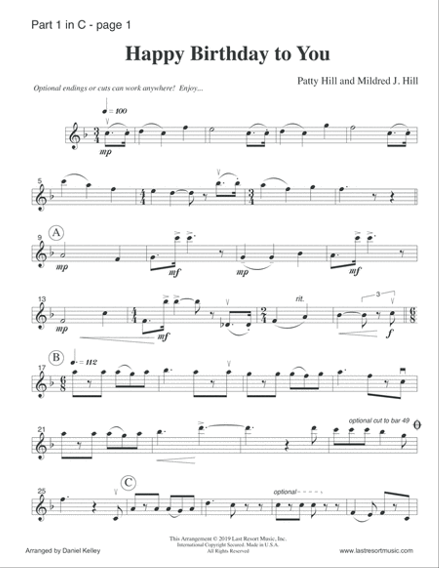 Happy Birthday to You for String Trio (or Wind Trio or Mixed Trio) Music for Three Large Ensemble scores gallery preview page 2