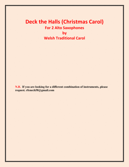 Deck the Halls - Welsh Traditional - Chamber music - Woodwind - 2 Alto Saxes Easy level image number null