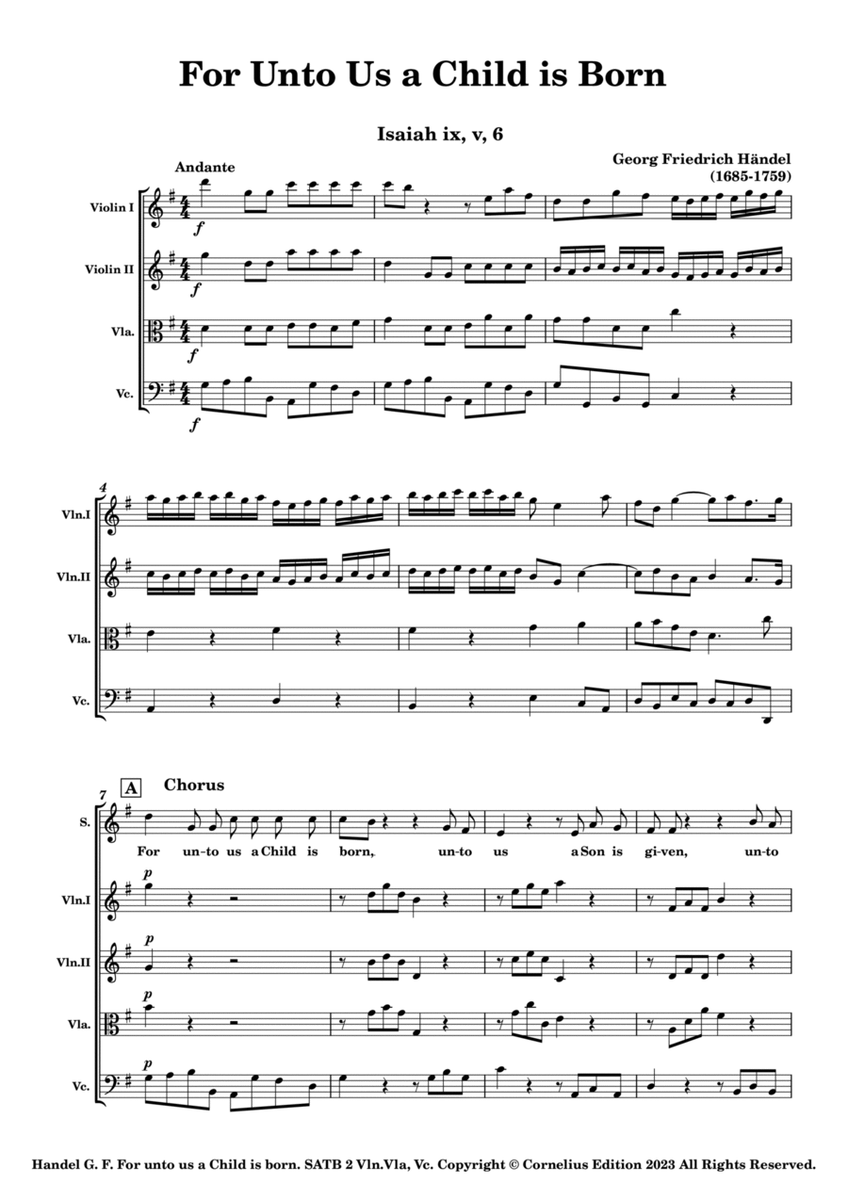 Handel Messiah Oratorio Chorus "For Unto Us a Child is Born" Four Voices SATB Vln.1 Vln.2 Vla. Vc. image number null