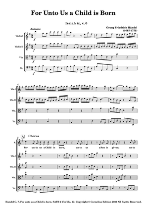 Handel Messiah Oratorio Chorus "For Unto Us a Child is Born" Four Voices SATB Vln.1 Vln.2 Vla. Vc.