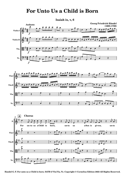 Handel Messiah Oratorio Chorus "For Unto Us a Child is Born" Four Voices SATB Vln.1 Vln.2 Vla. Vc. image number null