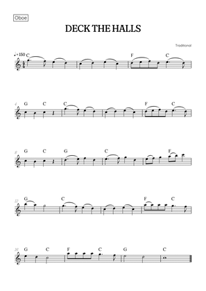 Deck the Halls for oboe • easy Christmas song sheet music with chords
