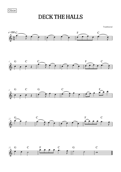 Deck the Halls for oboe • easy Christmas song sheet music with chords image number null