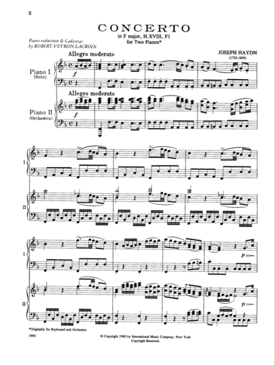 Concerto In F Major, Hob. Xviii: F1 For Piano & Orchestra With Cadenzas By Veyron-Lacroix Piano Solo scores gallery preview page 2