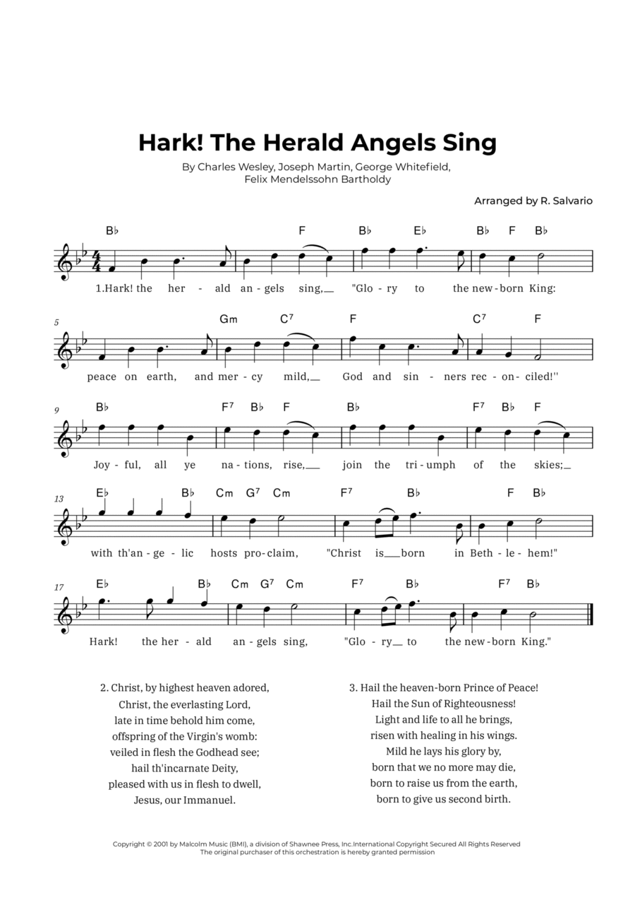 Hark! The Herald Angels Sing (Key of B-Flat Major) Piano scores gallery preview page 1