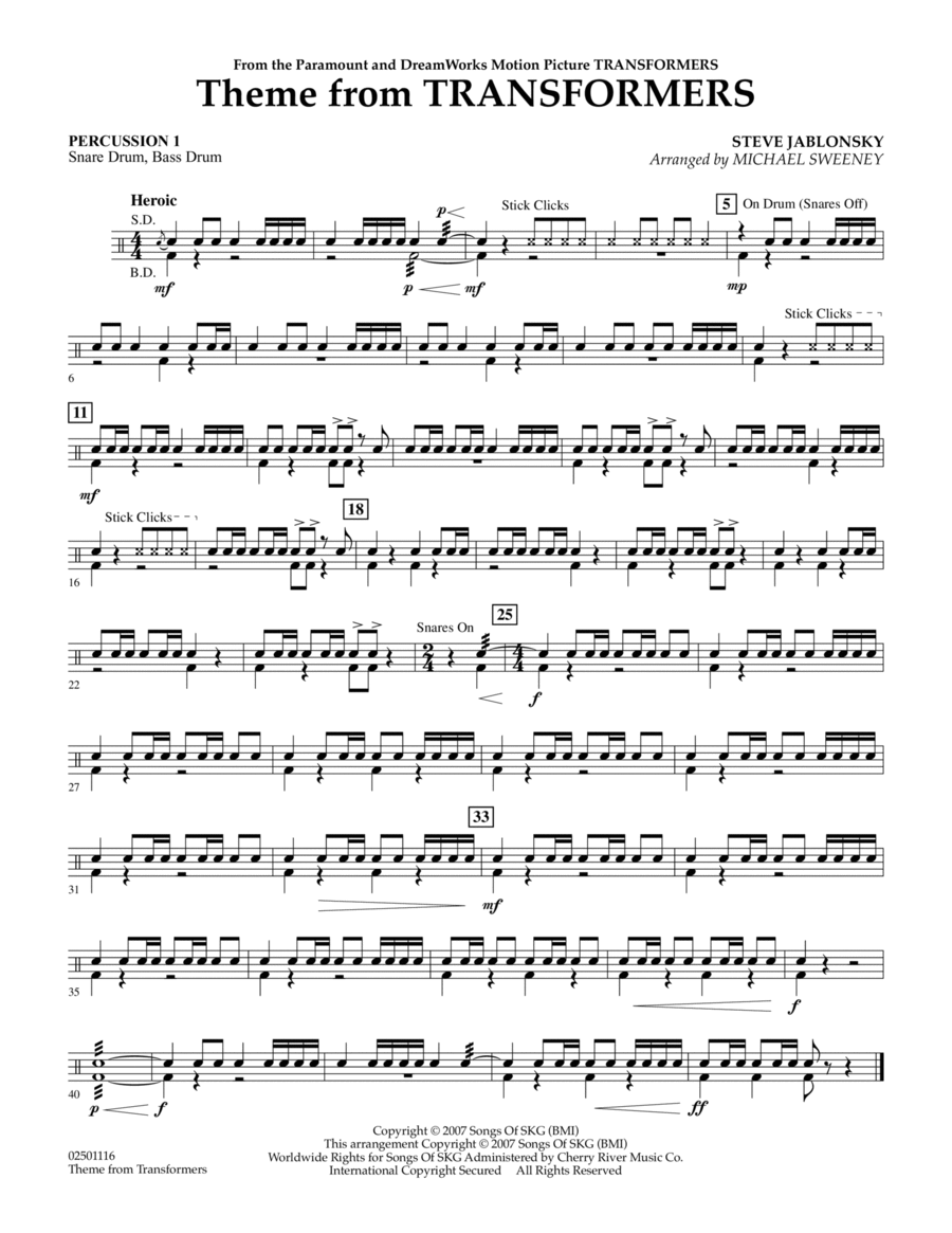 Theme From Transformers - Percussion 1 Percussion scores gallery preview page 1