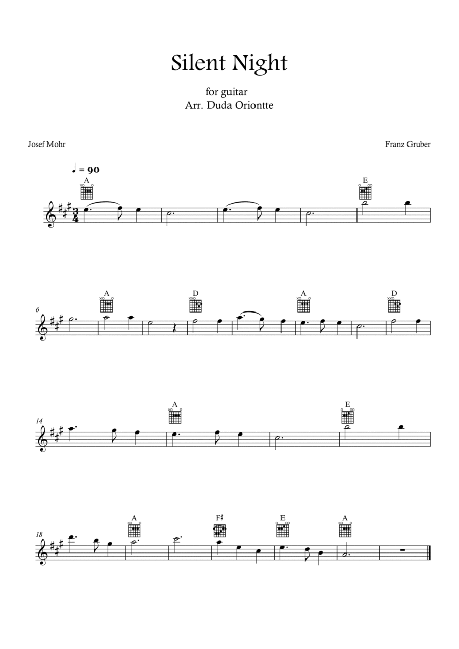 Silent Night (A major - TABS - no lyrics) Guitar Tablature scores gallery preview page 1